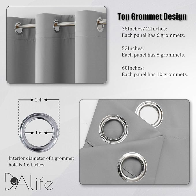 DUALIFE Light Grey Blackout Curtains Short Grommet Curtains 38 X 45 Inch Length Set of 2 Panels Thermal Insulated Solid Energy Efficient Room Darkening Bedroom Curtains