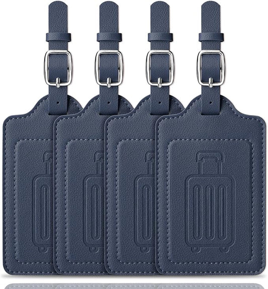 Teskyer Luggage Tags for Suitcases, TSA Approved with Privacy Protection Cover, Premium Faux Leather Bag Tags for Travel - 4 Pack, Blue