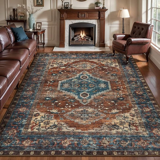 Tangsoo 6x9 Area Rug Washable Rugs for Living Room, Oriental Indoor Non Slip Large Area Rugs, Vintage Print Carpet, Soft Low Pile Foldable Floor Rug for Bedroom Dining Room Dorm