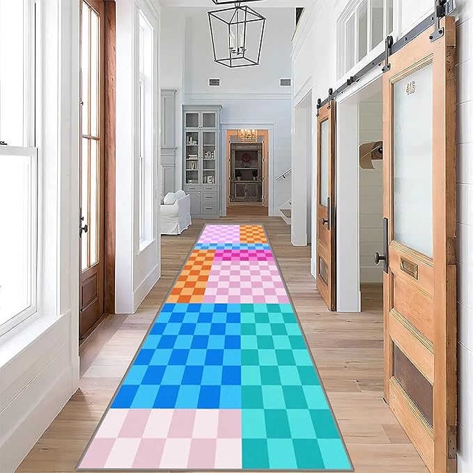 Multicolored Checkerboard Grid Runner for Entryway, 2.6x10ft, Boho Colorful Checkered Pattern Kids Playing Mat, Cozy Soft Absorbent Reduce Noise Rugs, Durable Washable Carpet for Family