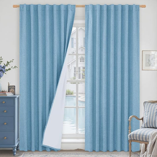 LAMIT Blue 100% Blackout Linen Curtains, 84 Inch Linen Textured Living Room Farmhouse Curtains Room Darkening Back Tab and Rod Pocket Burlap Neutral Panels with White Liner, 2 Panels, 60 x 84 Inch