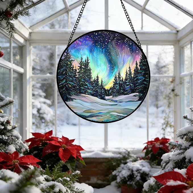 DASTOLL Stained Glass Window Hanging, Aurora Landscape Sun Catchers Glass Panel Green Trees Suncatcher Decor for Birthday for Women, Men, Wife, Aunt, and Mom 11.8x11.8 in