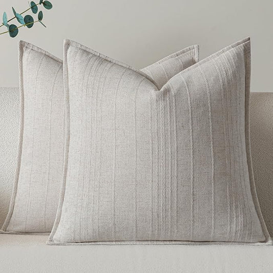 a moment Linen Pillow Covers Set of 2,Boho Farmhouse Throw Pillowcases Neutral Textured Decorative Covers for Couch Sofa,Soft Linen Blend Accent Case Cushion Living Room Home Decor 22"x22"Ivory