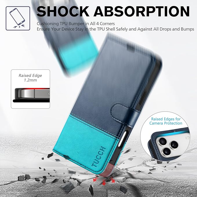 TUCCH Case Wallet for iPhone 17 Pro Max (6.9") 2025, Stand, RFID Blocking, 4 Card Holder, TPU Shockproof Inner Shell, PU Leather, Magnetic Closure Folio Protective Cover, Blue & Lake Blue