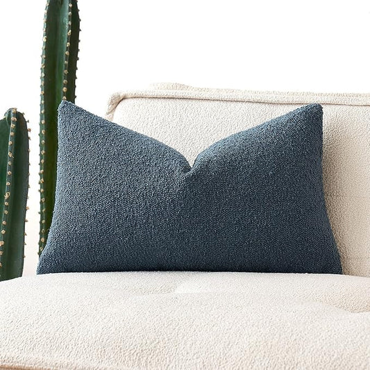 MIULEE Textured Boucle Throw Pillow Cover Dark Blue Accent Solid Lumbar Pillow Case Decorative Soft Pack of 1 Couch Cushion Chair Sofa Bedroom Livingroom Home Decor,12x20 Inch
