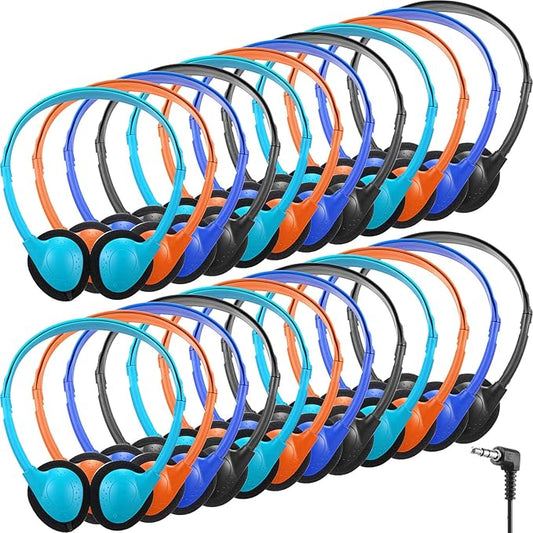 Konohan 32 Pack Headphones Bulk for School Student Classroom Set of Headphones Wire Headset Adjustable with 3.5 mm Jack for Adult (Light Blue,Orange,Blue,Black)