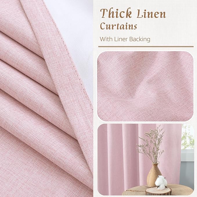 LAMIT 100% Blackout Linen Curtains, 72 Inches Linen Textured Thermal Bedroom Curtains Back Tab and Rod Pocket Neutral Panels with White Liner for Girls' Room, 2 Panels, 52 x 72 Inch, Pink