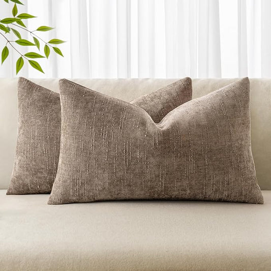MIULEE Pack of 2 Decorative Throw Pillow Covers Soft Chenille Throw Pillows Solid Textured Lumbar Cushion Covers for Couch Sofa Bedroom Living Room 12x20 Inch, Taupe Grey