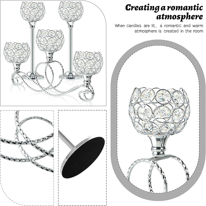 Silver 5 Arm Metal Crystal Tea Light Candle Holder, Elegant Wedding Table Centerpiece Candle Holder, Christmas Wishing Crystal Bowl Candle Holder Suitable for Wedding Party Living Room Decoration