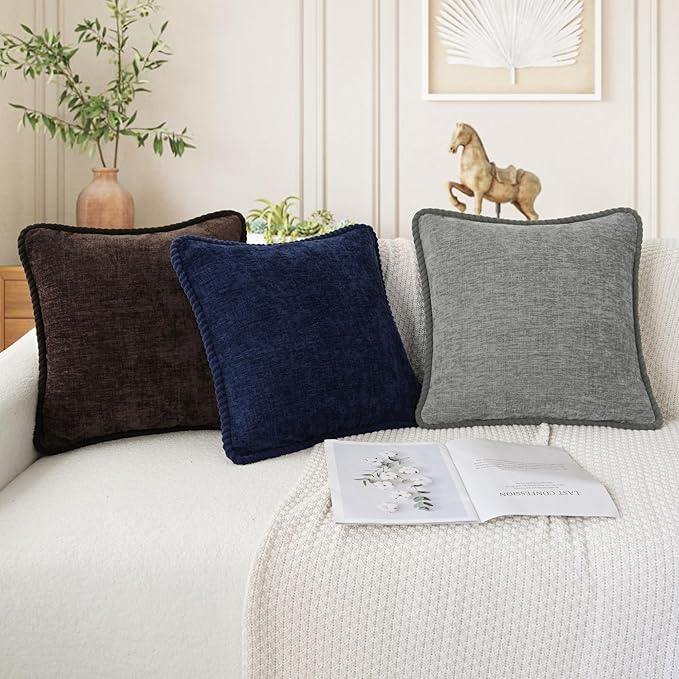 CaliTime Decorative Couch Throw Pillow Covers 18 X 18 Inches Pack of 2 Cozy Chenille Piping Edge Cushion Cases for Sofa Bed Living Room Home Navy Blue