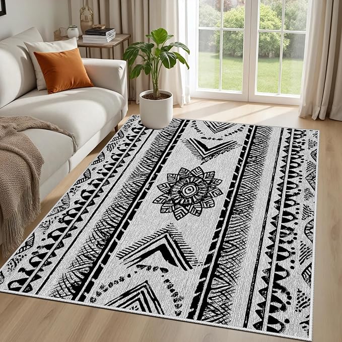 Area Rugs Moroccan for Living Room 7x9, Washable Non-Slip Boho Rug, Neutral Farmhouse Soft Carpet for Bedroom, Kitchen, Dining Room, Entryway, Geometric Print Tribal Carpets, Black and White
