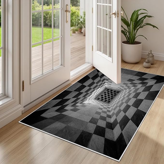 3D Rug 3x4, Plaid Soft Ultra Soft Faux Wool Low Pile Optical Illusion Rug, Indoor Floor Mats Abstract Geometric Carpet, Non-Slip Stain Resistant Washable Rugs, Modern Gray Rugs for Living Room