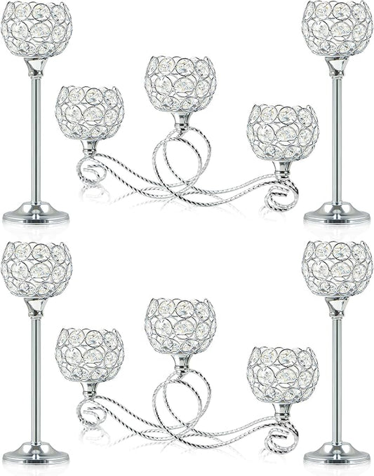 Silver Set of 6 Metal Crystal Tea Light Candle Holder, Elegant Wedding Table Centerpiece Candle Holder, Christmas Wishing Crystal Bowl Candle Holder Suitable for Wedding Party Living Room Decoration