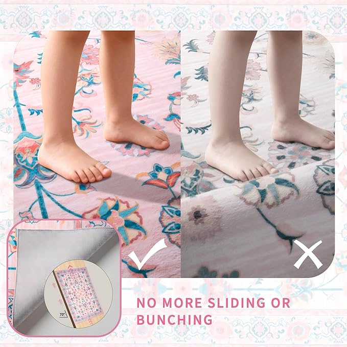 Tangsoo Pink Small Rug for Entryway, 2x3 Washable Entry Rug for Girls Nursery Bedroom Bedside, Non Slip Floral Area Throw Rugs Soft Cute Floor Carpet Indoor Mat for Entrance Kitchen Bathroom
