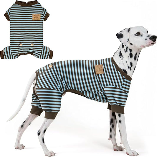 KYEESE Dog Pajamas, Soft Fleece Pets Jumpsuit Pets Sleepwear, Stretchy Dog Pajamas Medium Size Dogs, Comfy Dogs PJS with 4 Legs, Lightweight Pet Clothes Pet Onesie, Blue Striped, 2XL