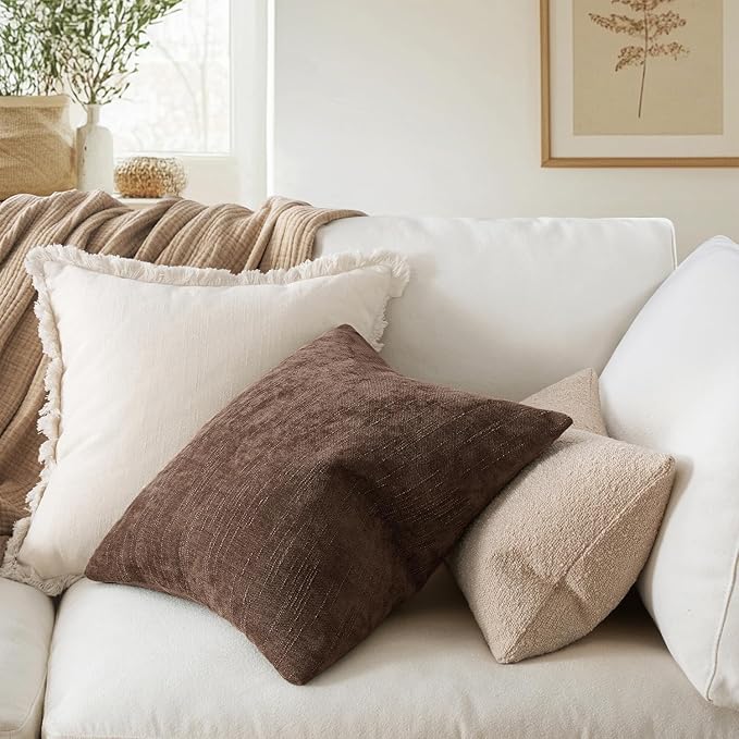 MIULEE Pack of 2 Decorative Throw Pillow Covers Soft Chenille Throw Pillows Solid Textured Cushion Covers for Couch Sofa Bedroom Living Room 20x20 Inch, Chocolate