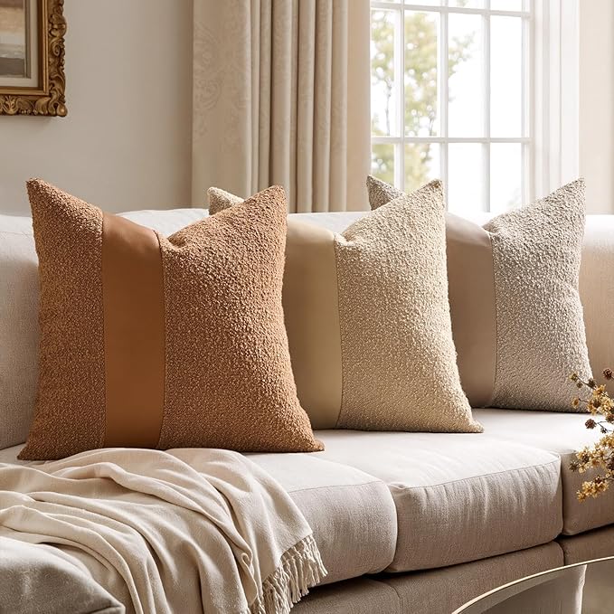 MIULEE Boucle Throw Pillow Covers 18x18 Inch Set of 2 Brown Faux Leather Textured Decorative Pillow Cases Boho Farmhouse Accents Cushion Covers for Couch Bed Livingroom Home Decor