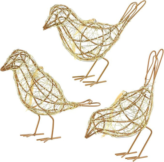 Artisan Bird Statues Trio - Christmas Ornament - Table Decor Handmade Gold-Wire Woven - Modern Farmhouse Shelf Decor with Hanging Chain, Multi-Pose Metal Bird Figurines for Home Office