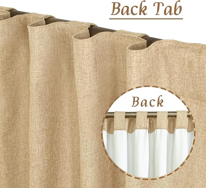 LAMIT Natural 100% Blackout Linen Curtains, 63 Inches Linen Textured Thermal Bedroom Curtains Back Tab and Rod Pocket Burlap Panels with White Liner for Farmhouse, 2 Panels, 52 x 63 Inch, Burlap