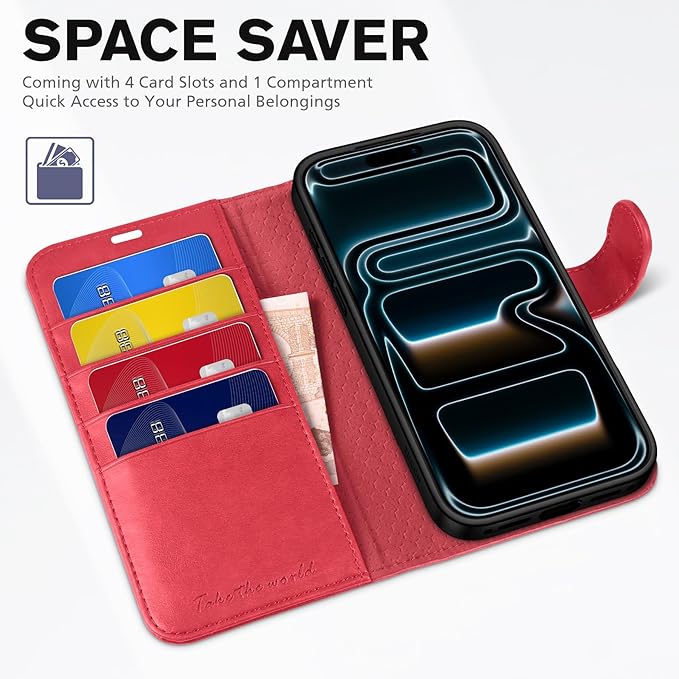 TUCCH Wallet Case for iPhone 17 Pro Max (6.9-Inch) 2025, RFID Blocking 4 Card Slots | Kickstand | Magnetic Closure | PU Leather | Shockproof TPU Shell | Protective Flip Folio Cover | Red
