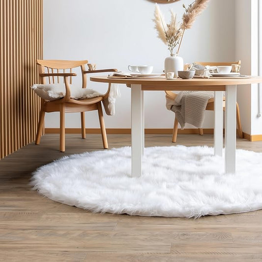 White Fluffy Faux Fur Rug, 5 ft Round – Soft and Cozy Circle Rug for Kids Room, Nursery, Bedroom, or Living Room – Plush Shaggy Carpet for Home Decor
