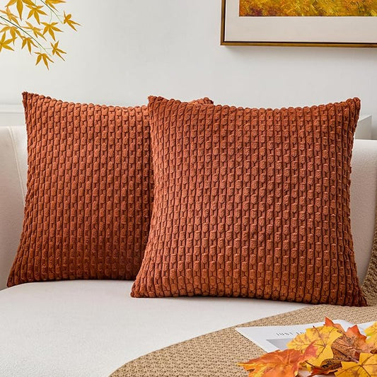 Kevin Textile Fall Throw Pillow Covers Soft Corduroy Decorative Set of 2 Boho Striped Pillow Covers Pillowcases Farmhouse Home Decor for Couch Bed Sofa Living Room 20x20 Inch Rust Brown