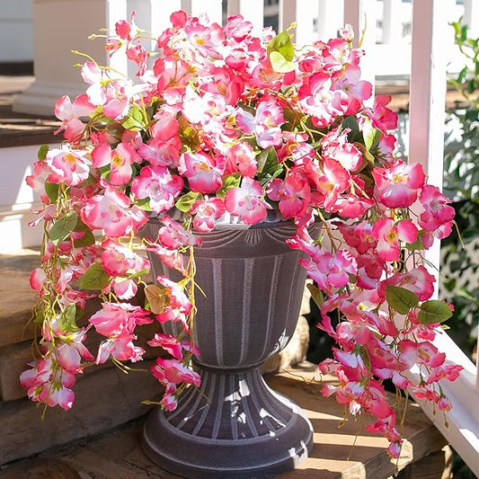 Fake Hibiscus Artificial Hanging Flowers Plants for Outdoors Spring Decoration, 4pcs Silk Hibiscus Vines Realistic UV Resistant Pink Faux Flowers for Outside Planter Porch Patio Yard Wedding Party Urn