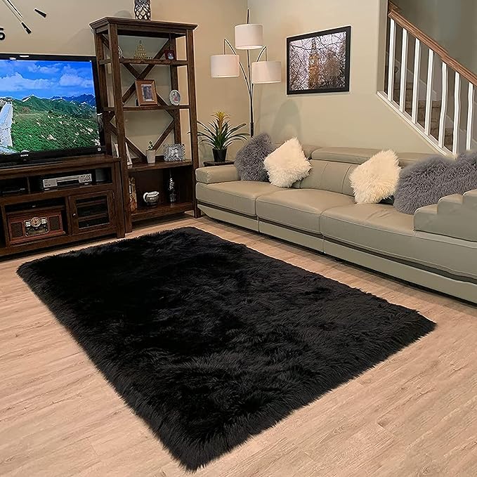 LAMBZY High Pile Super Fluffy Soft Faux Sheepskin Rug | Faux Sheepskin Rugs for Living Room Playroom Bedroom | Classic Super Soft to Touch Rug (5'x8', Black)