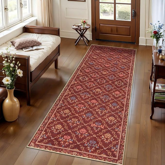 Tangsoo 2x6 Washable Runner Rug for Hallways, Non Slip Red Floral Carpet Runner, Soft Low Pile Floor Carpet Runner for Kitchen, Laundry, Bedroom, Bathroom, Living Room Home Decor