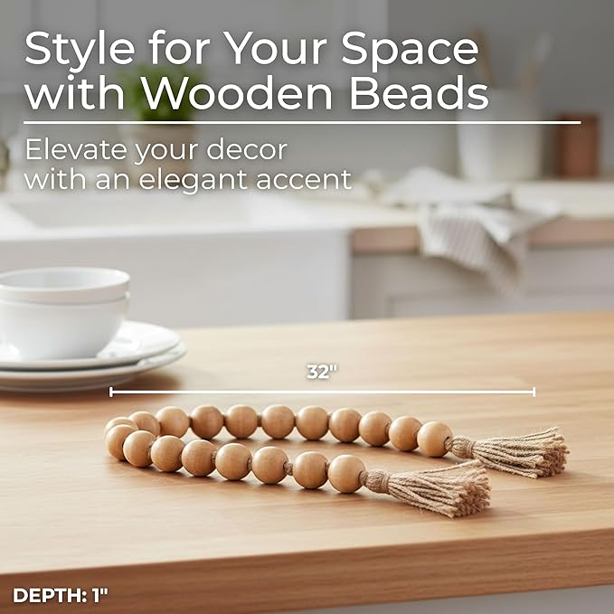 Wood Decorative Objects Bead Garland – Decorative Object Accent for Styling – Coffee Table or Shelf Display – Rustic Bead Tassels for Relaxed Accessories, Home Decor – 32", Brown