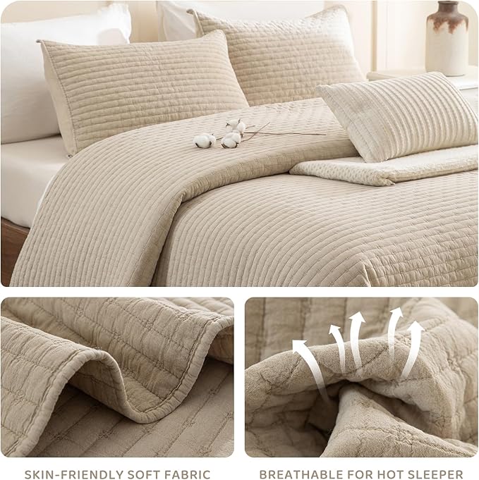 Sanracie Cotton Oversized King Bedspread(128"x120"), Soft Dark Wheat Color Stonewashed Extra Large Wide Oversized Quilt Sets Cross Stitch Lightweight Crinkle Coverlet Set 3Pcs for All Season