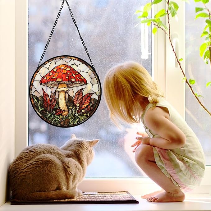 DASTOLL Stained Glass Window Hanging, Big Red Mushroom Suncatcher for Doors Home Sun Catchers Decoration and Christmas, Mother's Day Birthday Gifts for Women, Men, and Mom 7.8 in