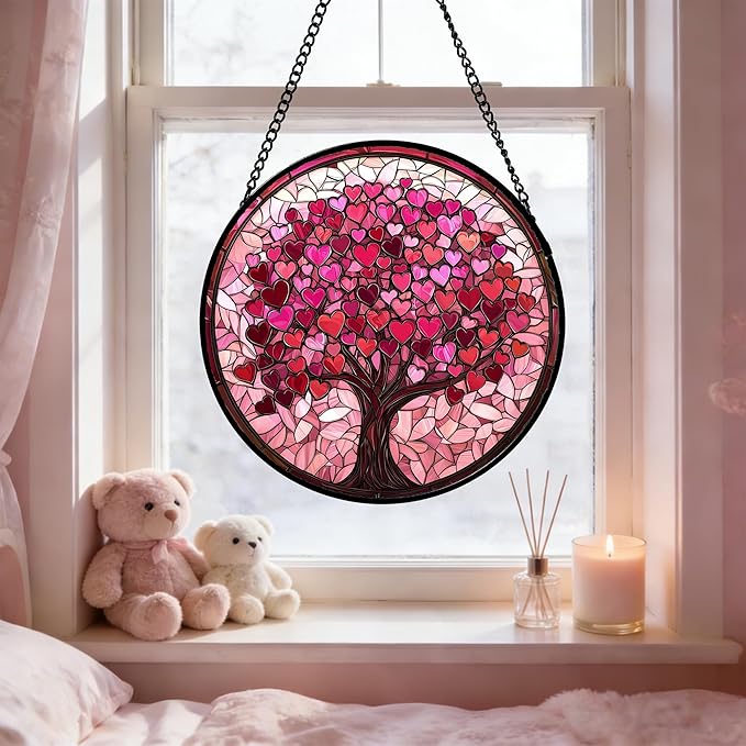 DASTOLL Stained Glass Window Hanging, Pink Love Tree of Life Sun Catchers Colorful Glass Panel Suncatcher Decor for Birthday for Women, Men, Wife, Lovers, and Mom 11.8x11.8 in