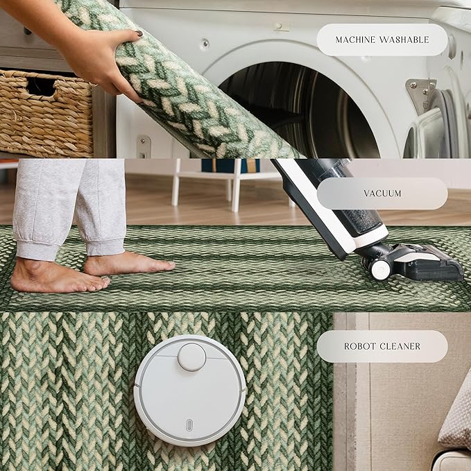 Maples Rugs Marion Bohemian Braided Design Print Runner Rug – Made in USA – Washable, Non Slip Indoor Long Carpet for Hallway, Kitchen, and Laundry Room, 2' x 8', Green