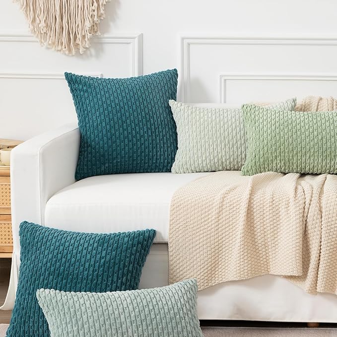 Kevin Textile Throw Pillow Covers Soft Corduroy Decorative Set of 2 Boho Striped Pillow Covers Pillowcases Farmhouse Home Decor for Couch Bed Sofa Living Room 16x16 Inch Teal Blue