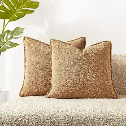 JUSPURBET 24x24 Pillow Covers Set of 2 Decorative Throw Pillow Covers Case for Couch Sofa Bed Soft Boucle Textured Cushion Covers with Hidden Zipper for Home Decor Living Room,Camel