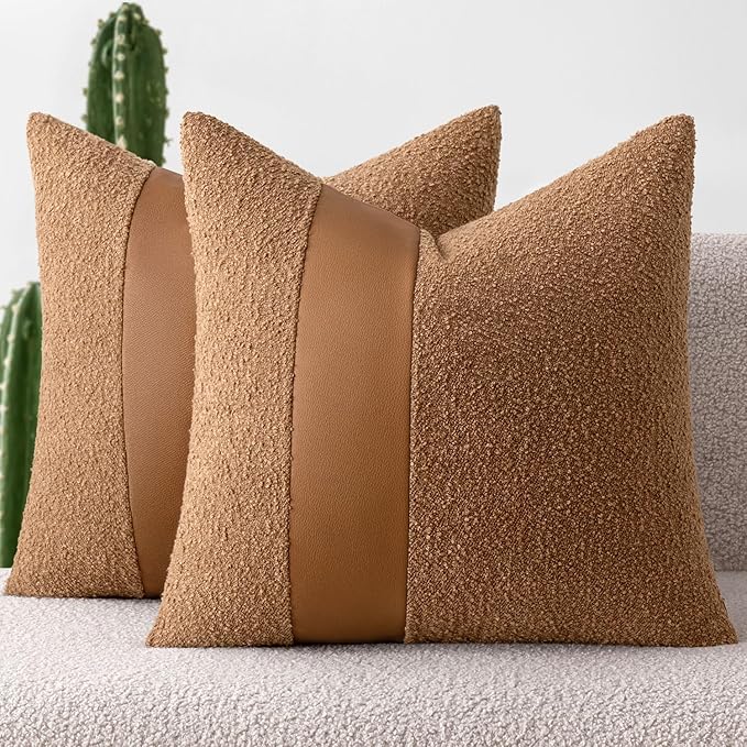 MIULEE Boucle Throw Pillow Covers 20x20 Inch Set of 2 Brown Faux Leather Textured Decorative Pillow Cases Boho Farmhouse Accents Cushion Covers for Couch Bed Livingroom Home Decor