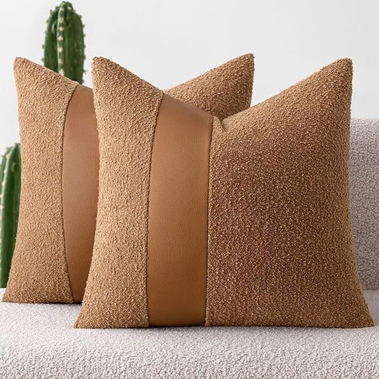 MIULEE Boucle Throw Pillow Covers 16x16 Inch Set of 2 Brown Faux Leather Textured Decorative Pillow Cases Boho Farmhouse Accents Cushion Covers for Couch Bed Livingroom Home Decor