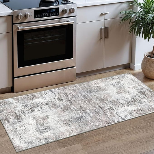 Modern Abstract Runner - 2x5, Beige Grey Washable Kitchen Entryway Rug Mat Non-Slip Soft Neutral Hallway Rug Thin Print Faux Wool Carpet for Bedroom Laundry Room Indoor