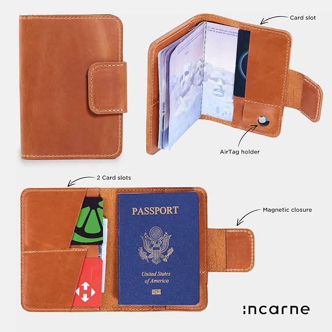 Brown Leather Passport Holder for Travel Men - Passport Wallets Compatible with Airtag Passports Wallet with Card Slots & Note Compartment, Magnetic Closure, Genuine Leather Crazy Horse, Vintage Brown