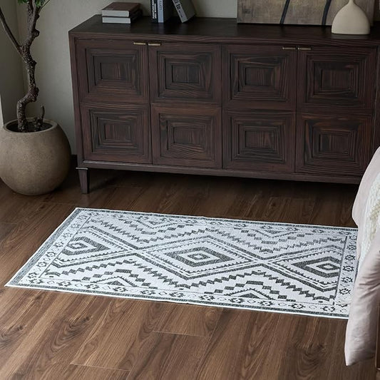 Moroccan Washable Area Rug 3x5, Geometric Tribal Decorative Woven Rug, Non-Slip Boho Farmhouse Soft Low-Pile Area Rug for Living Room Bedroom Dining Table, Olive Green/White