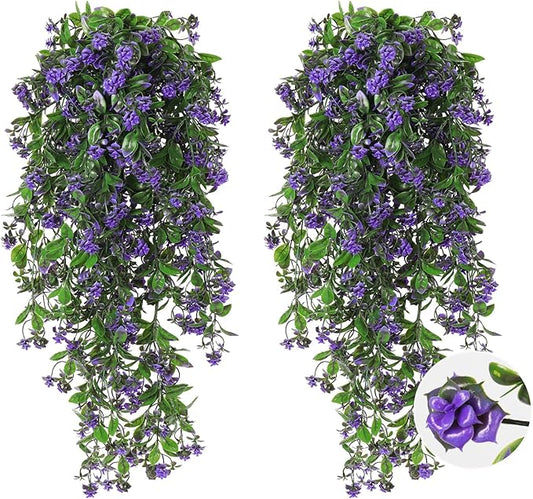 RECUTMS 2Pcs Artificial Hanging Plants Fake Vines Fake Plants Outdoor Greenery Artificial Flower for Outdoors Hanging Basket Plastic Home Garden Wedding Party Decorations(Purple)