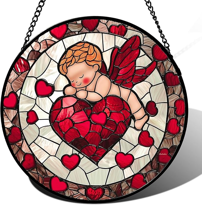 Stained Glass Window Hanging - Red Love Angel Sun Catcher for Door Garden Home Decor Cute Suncatcher Christmas Mother's Day Birthday for Women Men Mom Nana 6.3 in