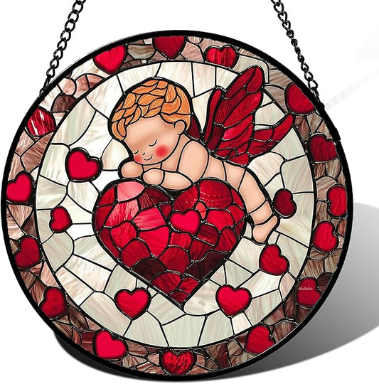Stained Glass Window Hanging - Red Love Angel Sun Catcher for Door Garden Home Decor Cute Suncatcher Christmas Mother's Day Birthday for Women Men Mom Nana 11.8 in