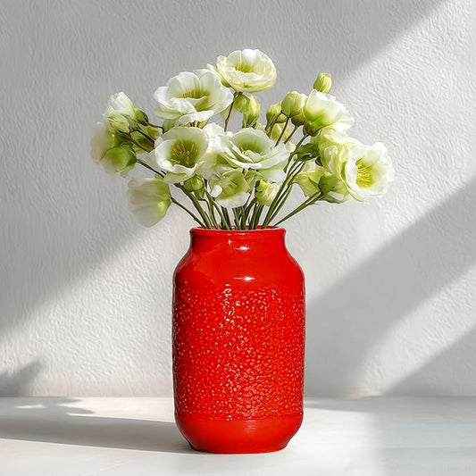 Red Ceramic Vase for Home Decor - 9 Inch Boho Modern Flower Vase for Pampas Grass, Pottery Decorative Vases for Centerpiece, Living Room, Mantle, Bookshelf, Table Decor