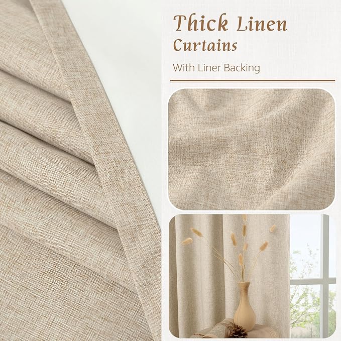 LAMIT 100% Blackout Natural Linen Curtains, 78 Inches Linen Textured Thermal Bedroom Curtains Back Tab and Rod Pocket Neutral Panels with White Liner for Farmhouse, 2 Panels, 52 x 78 Inch, Linen