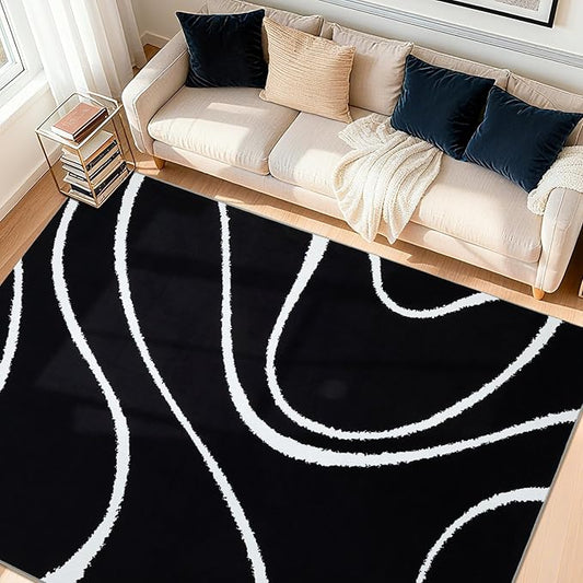 YIHOUSE Abstract Washable Rug 6x9,Ultra Thin Non Slip Black Rugs for Living Room,Modern Minimalist White Stripe Rugs for Bedroom,Dining Room Office Playroom (6'x9',Black-2)