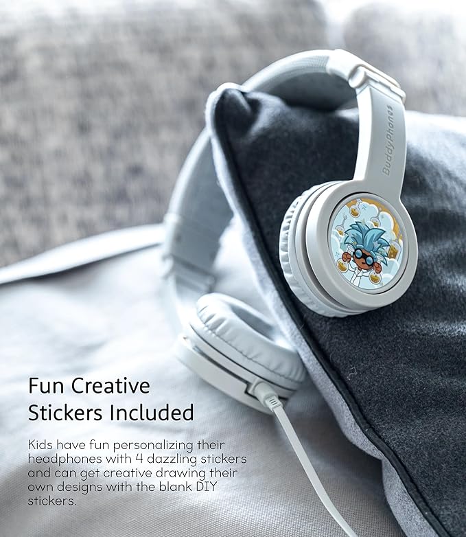 BuddyPhones Explore Plus | Foldable Kids Wired Headphones, Built-in Audio Sharing Cable with in-Line Mic - SafeAudio Volume-Limiting for Kindle, iPad, iPhone, or Android (Cool Blue)