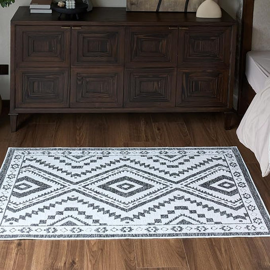 Moroccan Washable Area Rug 3x5, Geometric Tribal Decorative Woven Rug, Non-Slip Boho Farmhouse Soft Low-Pile Entry Throw Mat for Living Room Bedroom Dining Table, Black and White
