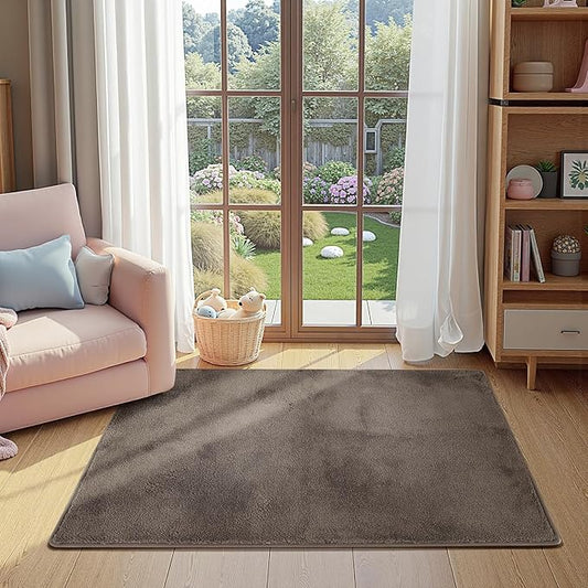 jinchan Solid Plush Area Rug 3x5 Performance Shaggy Washable Rug Indoor Soft Modern Faux Wool Cozy Non Slip Carpet for Living Room Kids Room Bedroom Dining Room Nursery Brown
